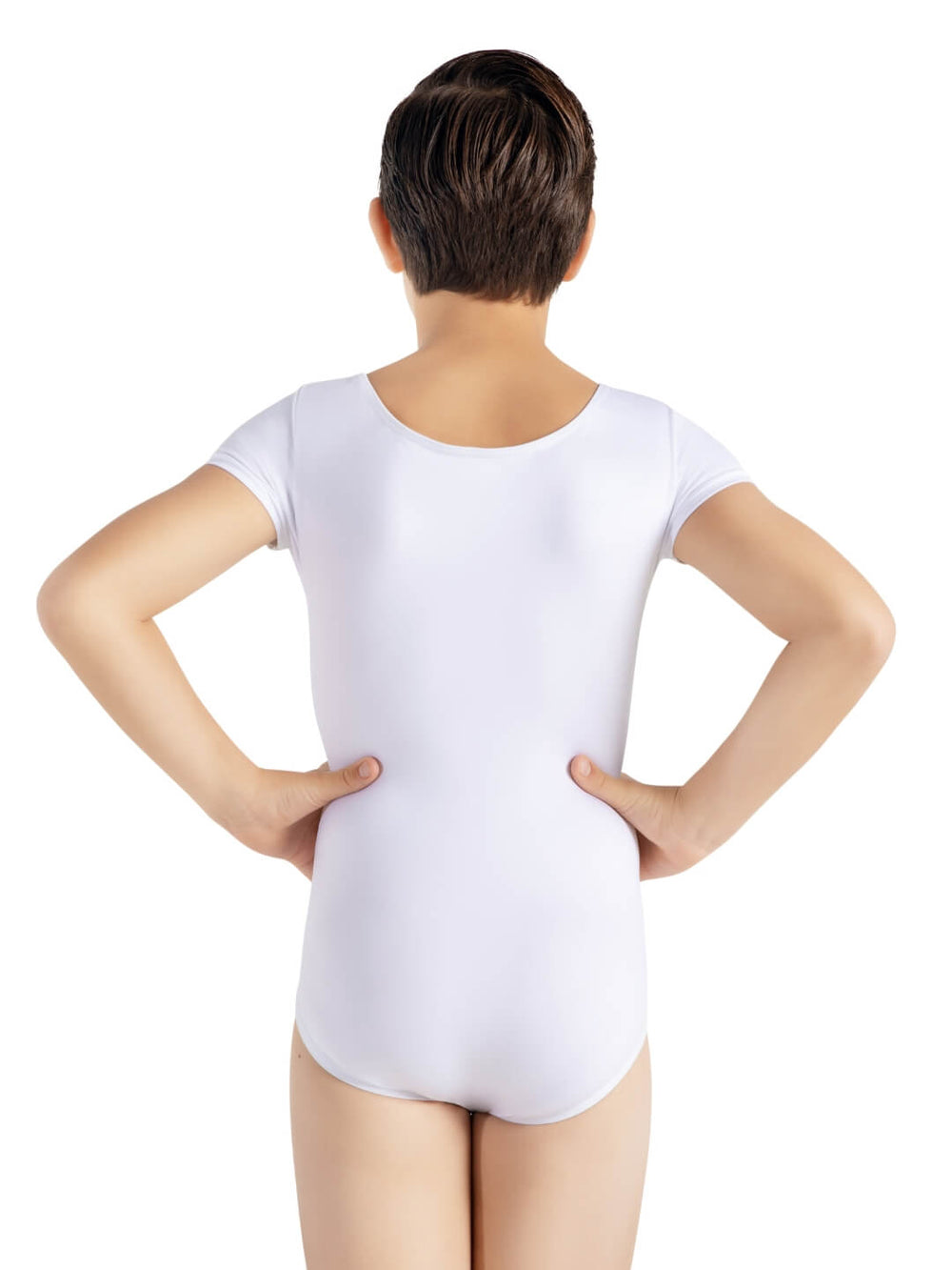 Person wearing a white bodysuit on a white background