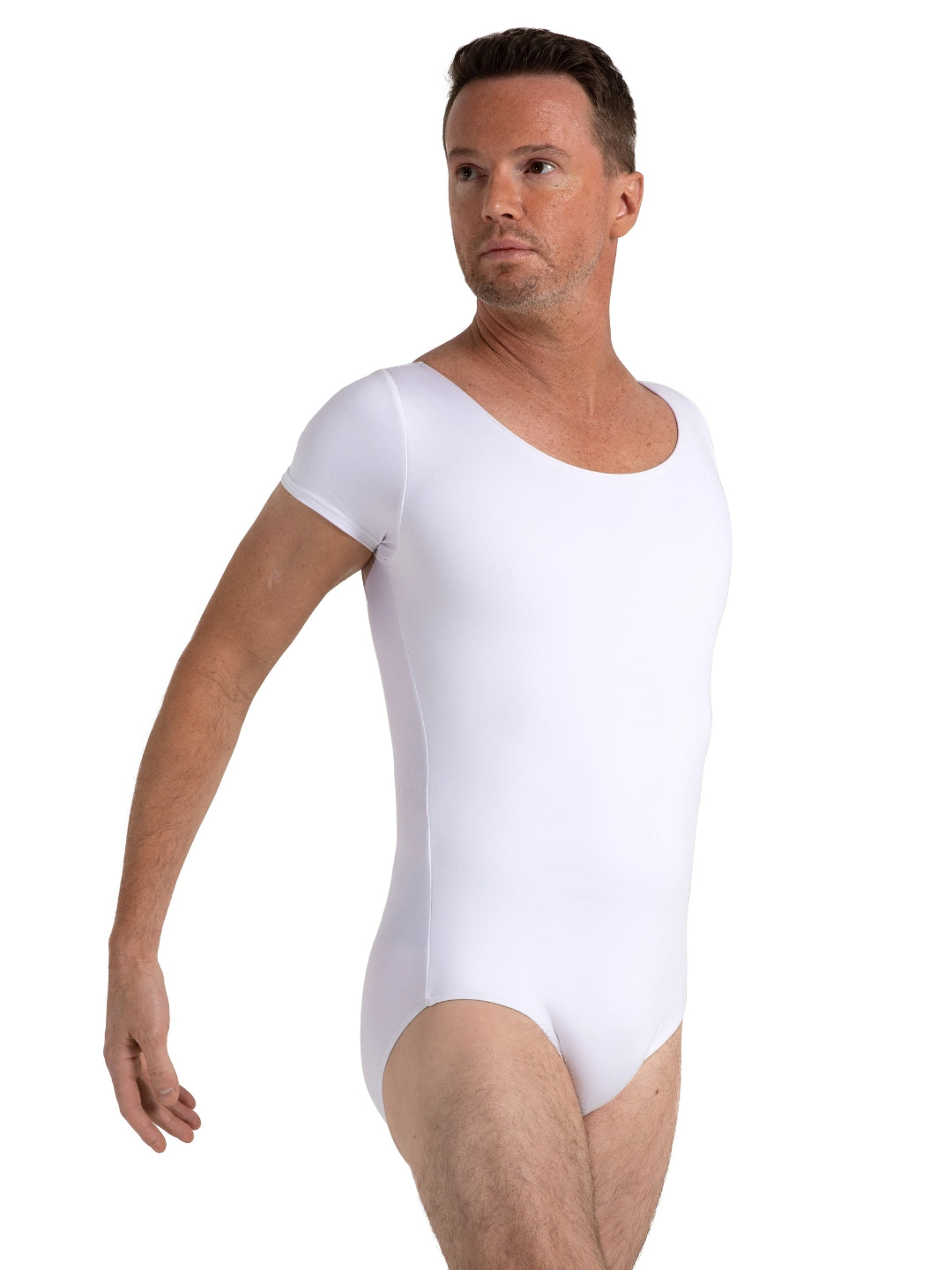 Man wearing a white bodysuit on a white background