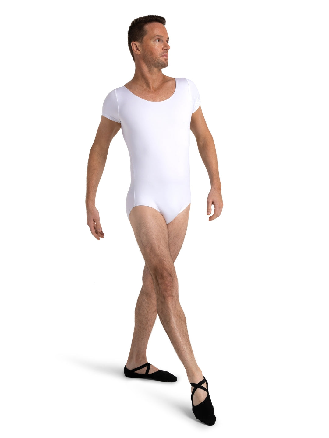 Man wearing a white leotard and black ballet shoes on a white background