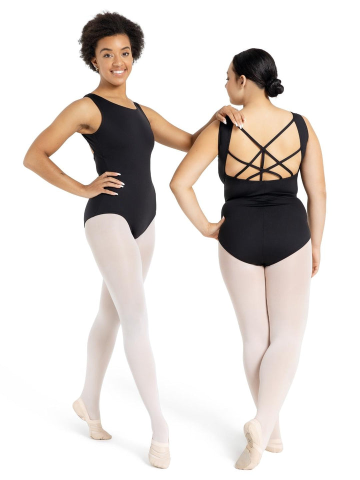 Two women wearing black leotards, one front-facing and one back-facing, on a white background.