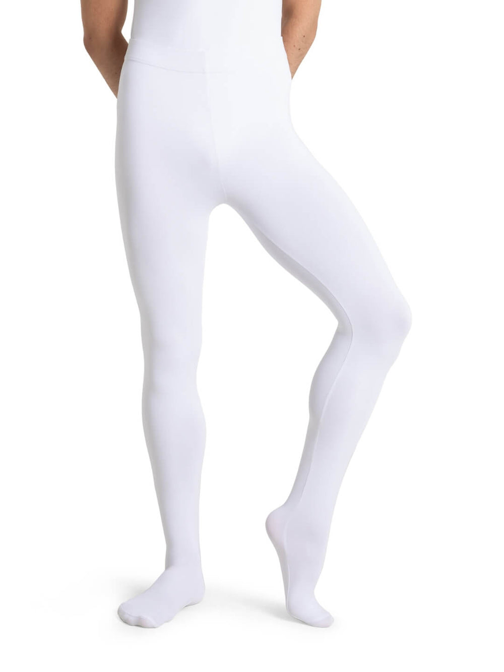 White tights worn by a person on a white background