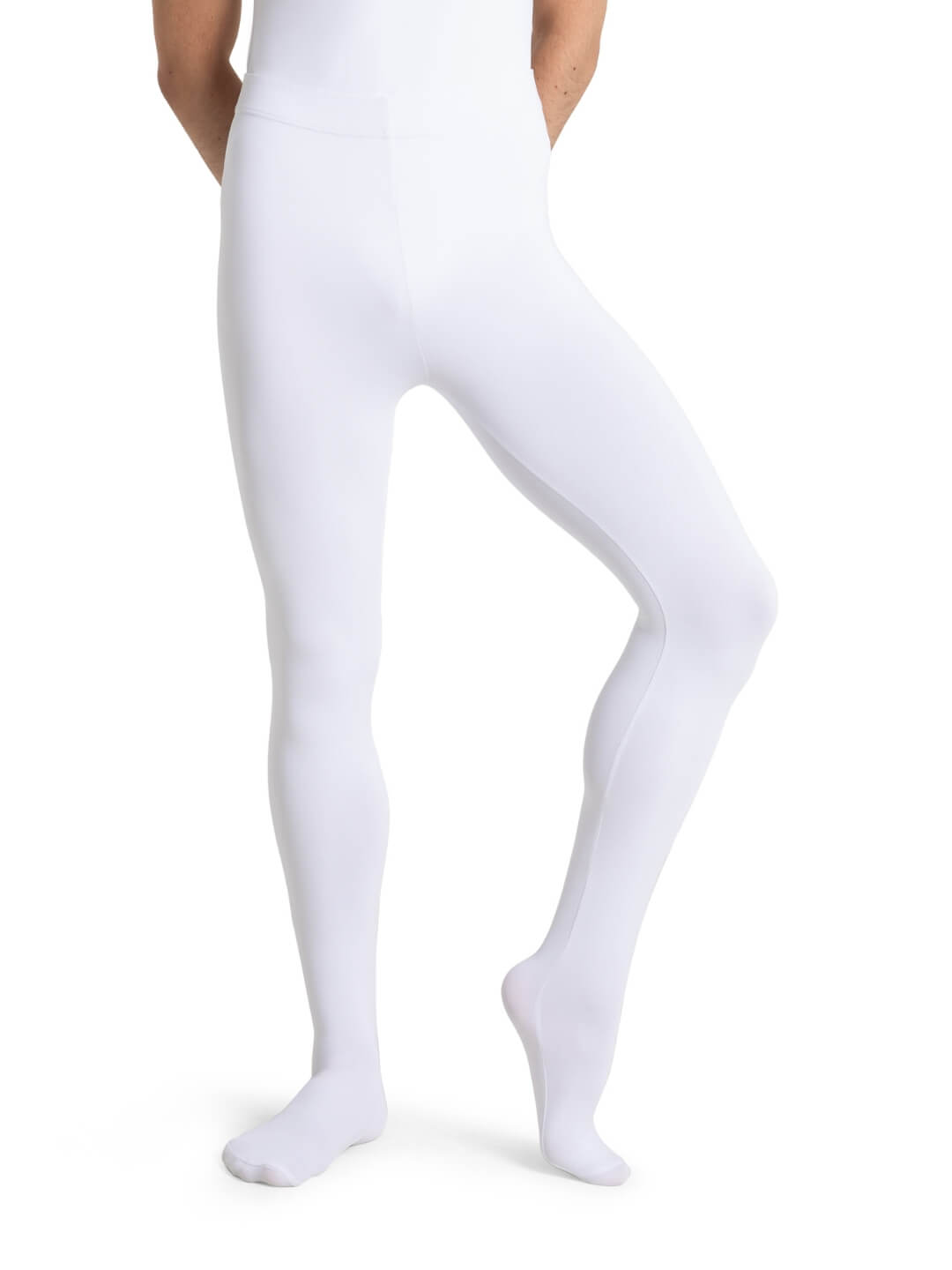 White tights worn by a person on a white background