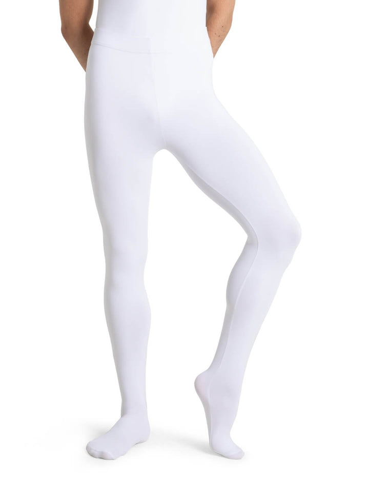 White tights worn by a person on a white background