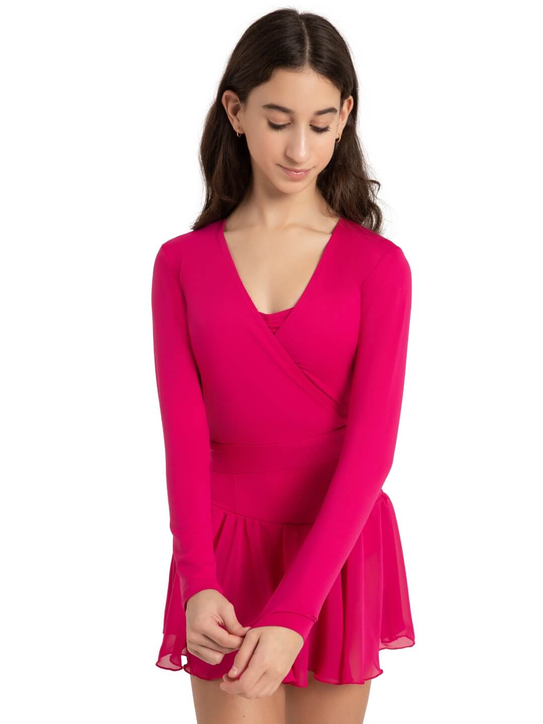 Woman wearing a bright pink long-sleeve dress on a white background
