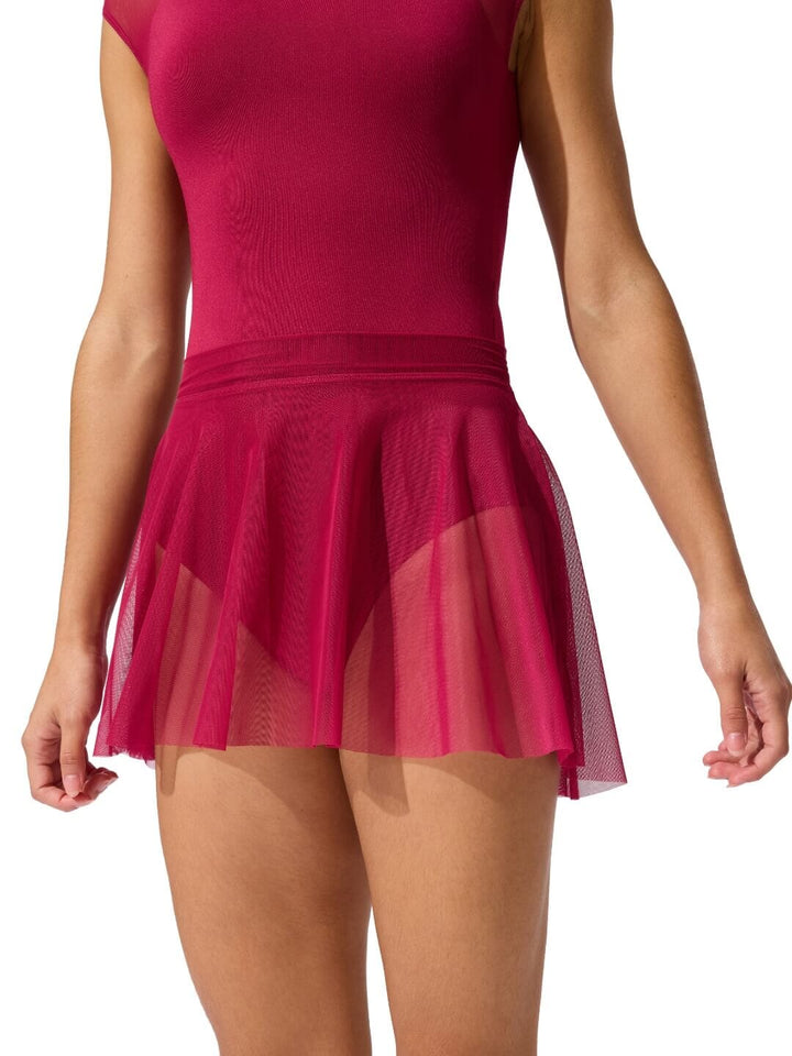 Pink dress with a sheer overlay on a white background