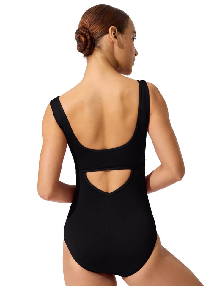 Black swimsuit with cutout design on a white background