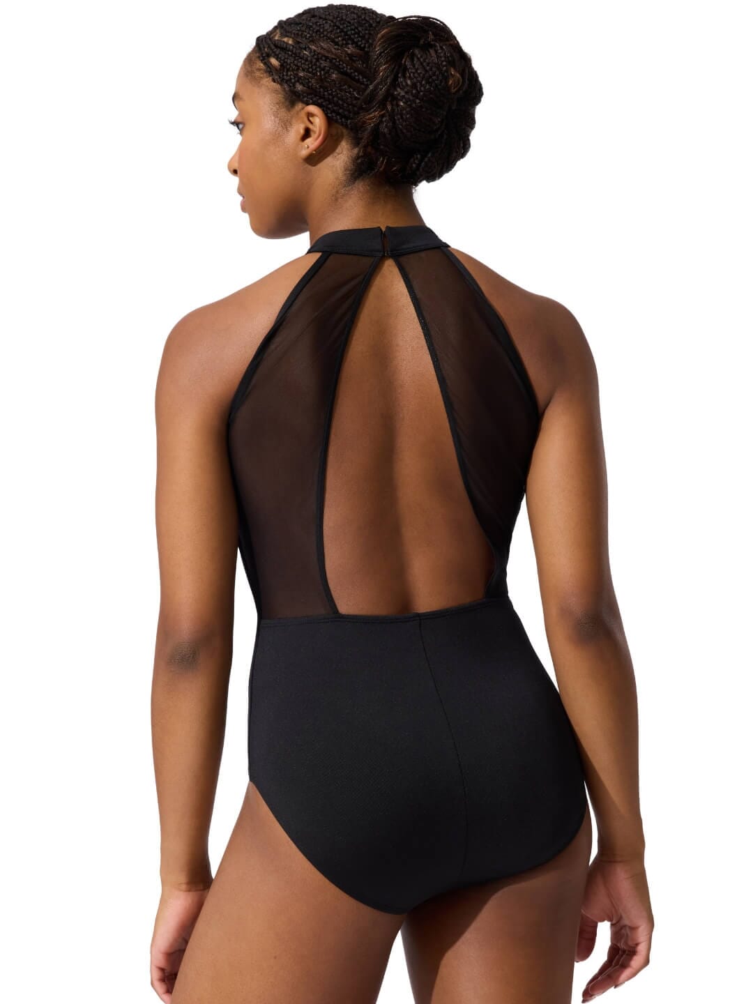 Black swimsuit with sheer back panel worn by a model on a white background