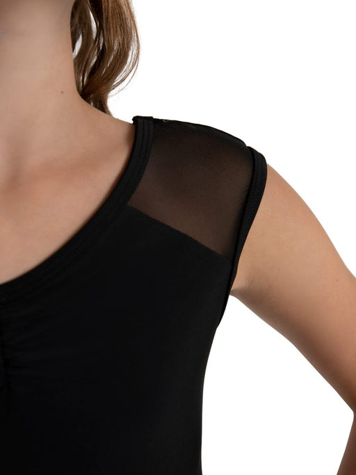 Black sleeveless top with sheer mesh shoulders on a white background
