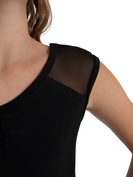 Black sleeveless top with sheer mesh shoulders on a white background