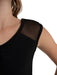 Black sleeveless top with sheer mesh shoulders on a white background