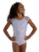 Young girl wearing a Lav leotard with sheer sleeves on a white background