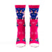 Pair of socks with cartoon character design on a pink background