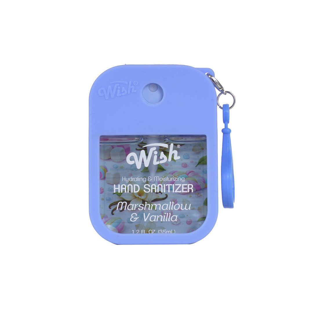A light blue portable hand sanitizer case with a wrist strap, featuring a clear window that displays the marshmallow and vanilla scented sanitizer inside. The brand name 'Wish' is visible on both the case and the sanitizer bottle.