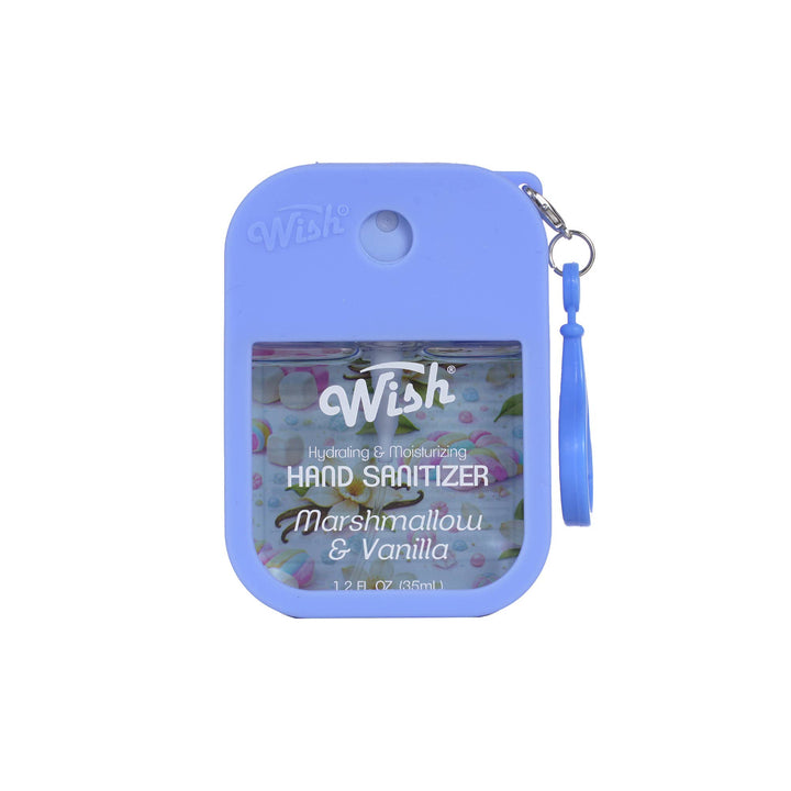A light blue portable hand sanitizer case with a wrist strap, featuring a clear window that displays the marshmallow and vanilla scented sanitizer inside. The brand name 'Wish' is visible on both the case and the sanitizer bottle.
