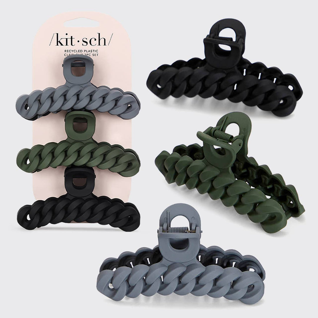 Set of black, green, and gray hair clips on a white background with 'kit·sch' branding.