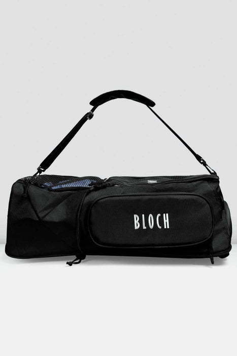Black duffel bag with 'BLOCH' branding on a light gray background