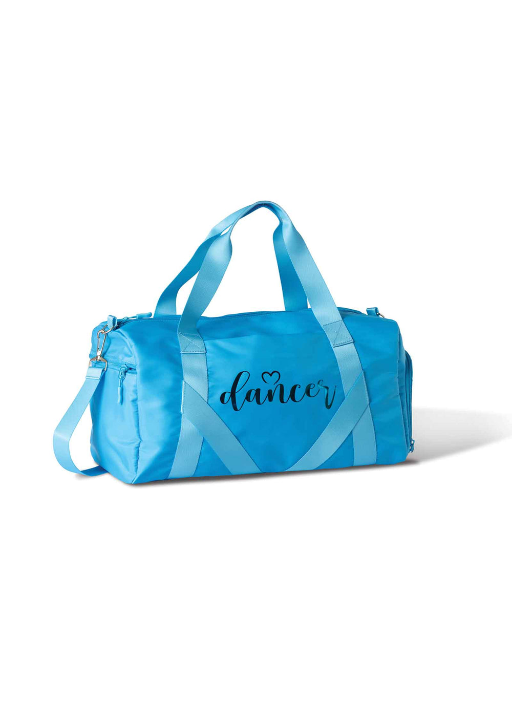 Blue duffel bag with 'dancer' text on a white background