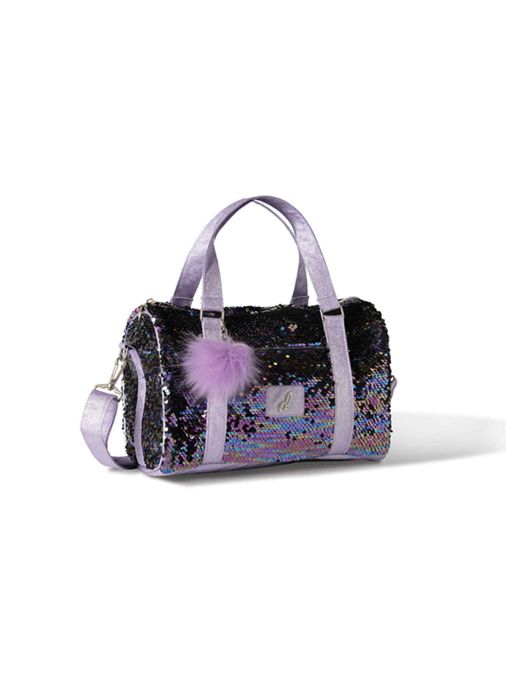 Multicolored sequin handbag with a purple handle and pom-pom on a white background