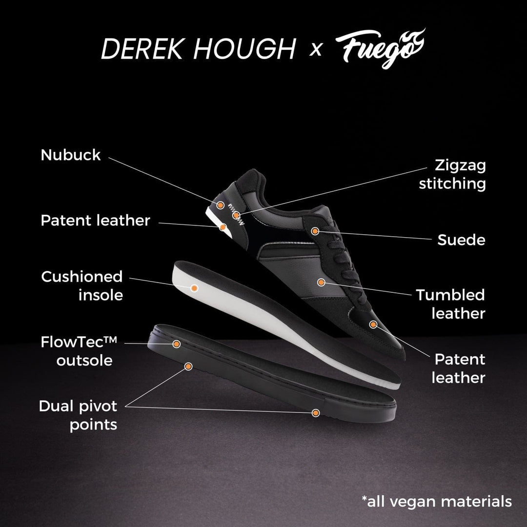 Black sneaker with features labeled on a black background, featuring 'Derek Hough x Fuego' branding.