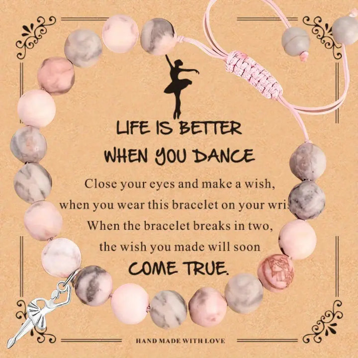 2pcs Beaded Glass Bracelet Set with Ballet Dancer Charm & Inspirational Card