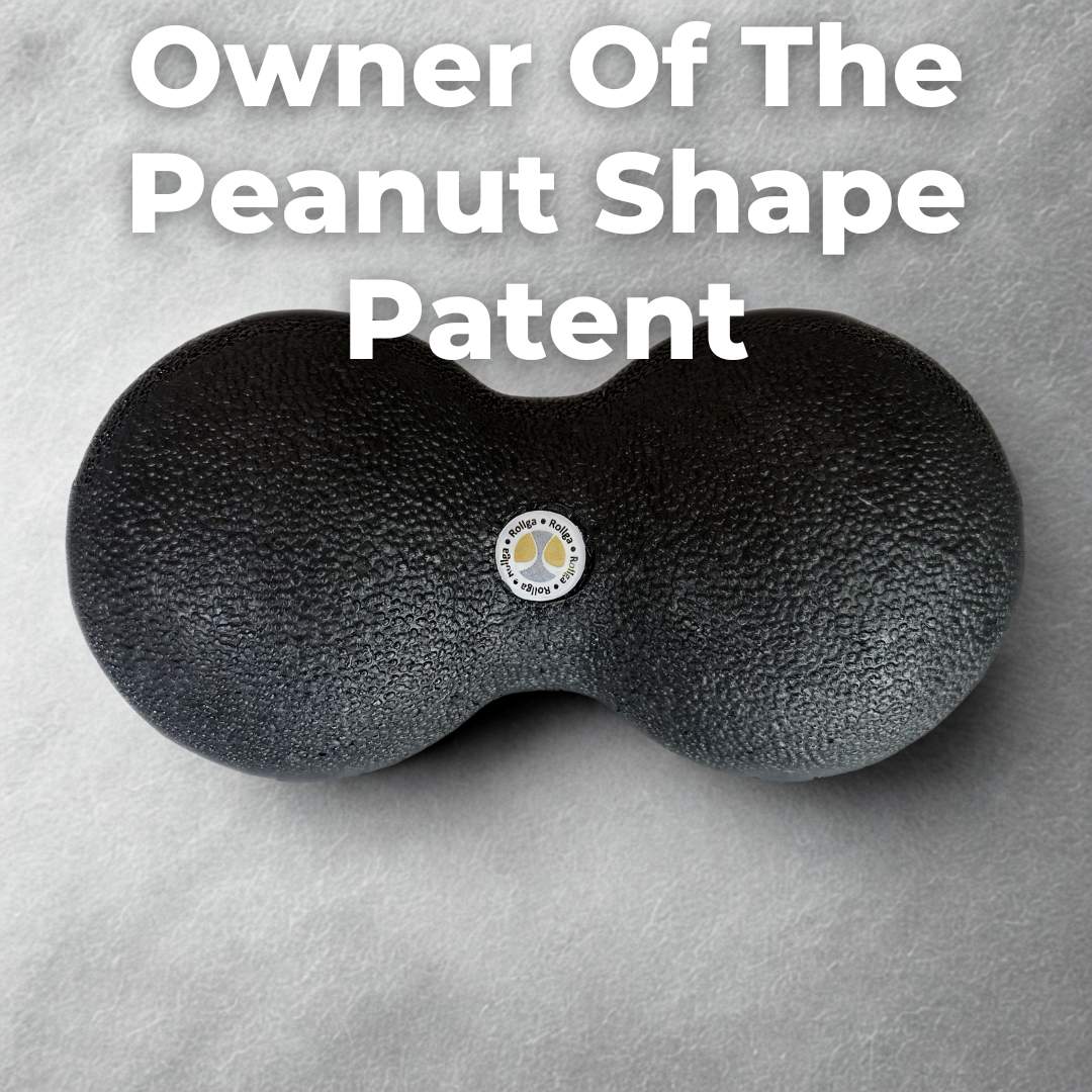 Black peanut-shaped product with a logo on a gray background