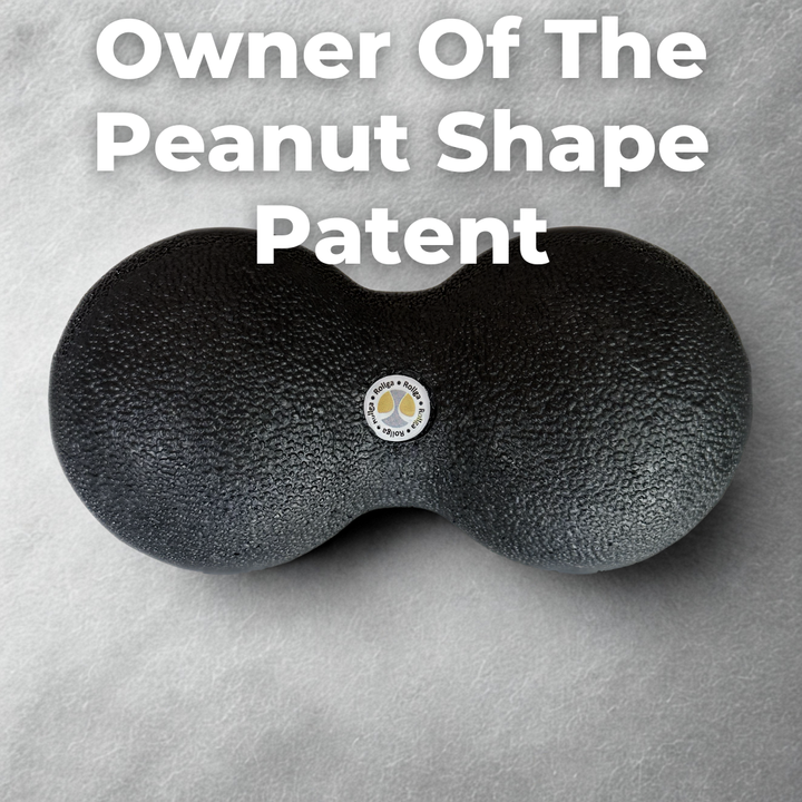 Black peanut-shaped product with a logo on a gray background