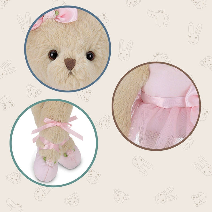 Plush teddy bear with pink ballet outfit on a decorative background