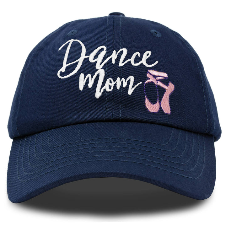 Navy blue cap with 'Dance Mom' text and ballet slipper icon on a white background