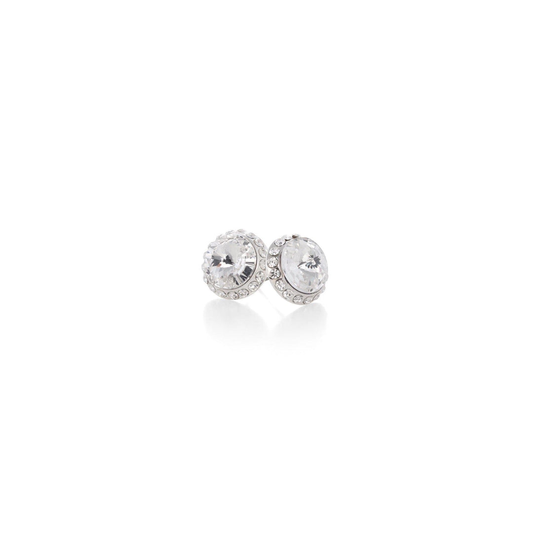 Pair of silver earrings with clear gemstones on a white background