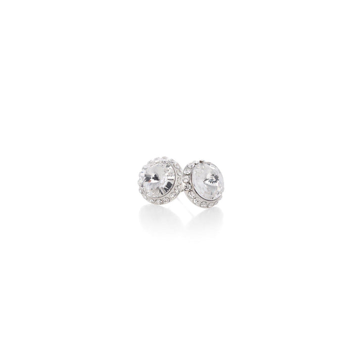Pair of silver earrings with clear gemstones on a white background