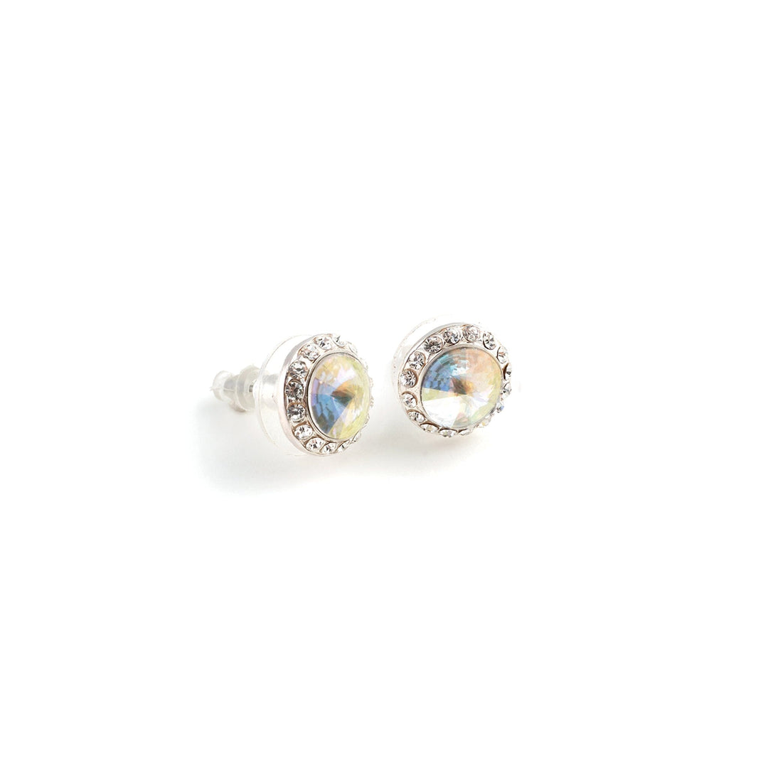 Pair of silver earrings with gemstones on a white background