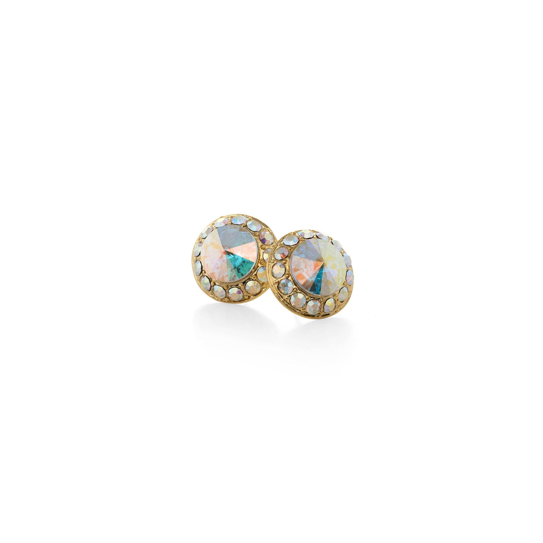 Pair of gold earrings with multicolored gemstones on a white background
