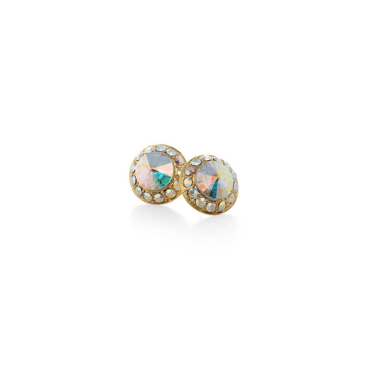 Pair of gold earrings with multicolored gemstones on a white background