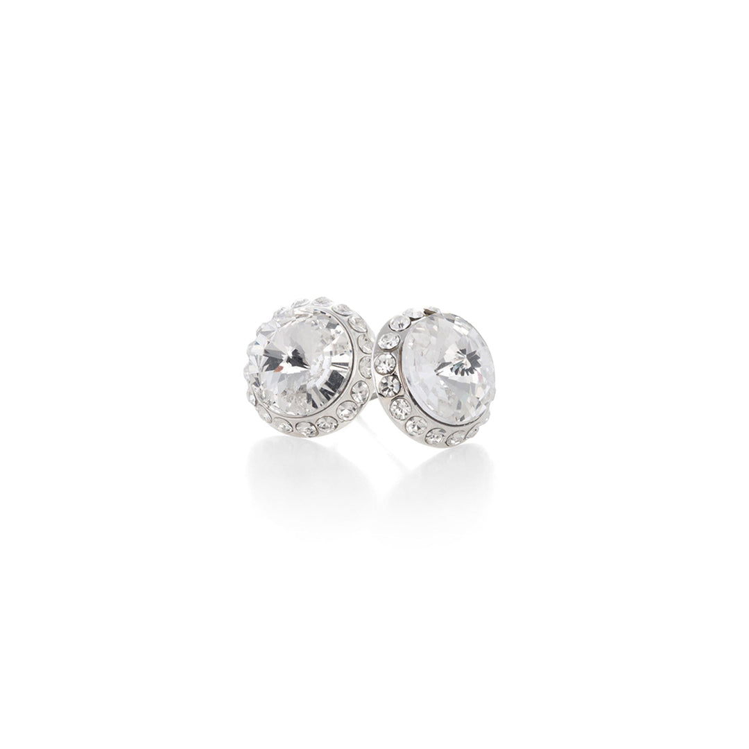 Pair of silver earrings with clear gemstones on a white background