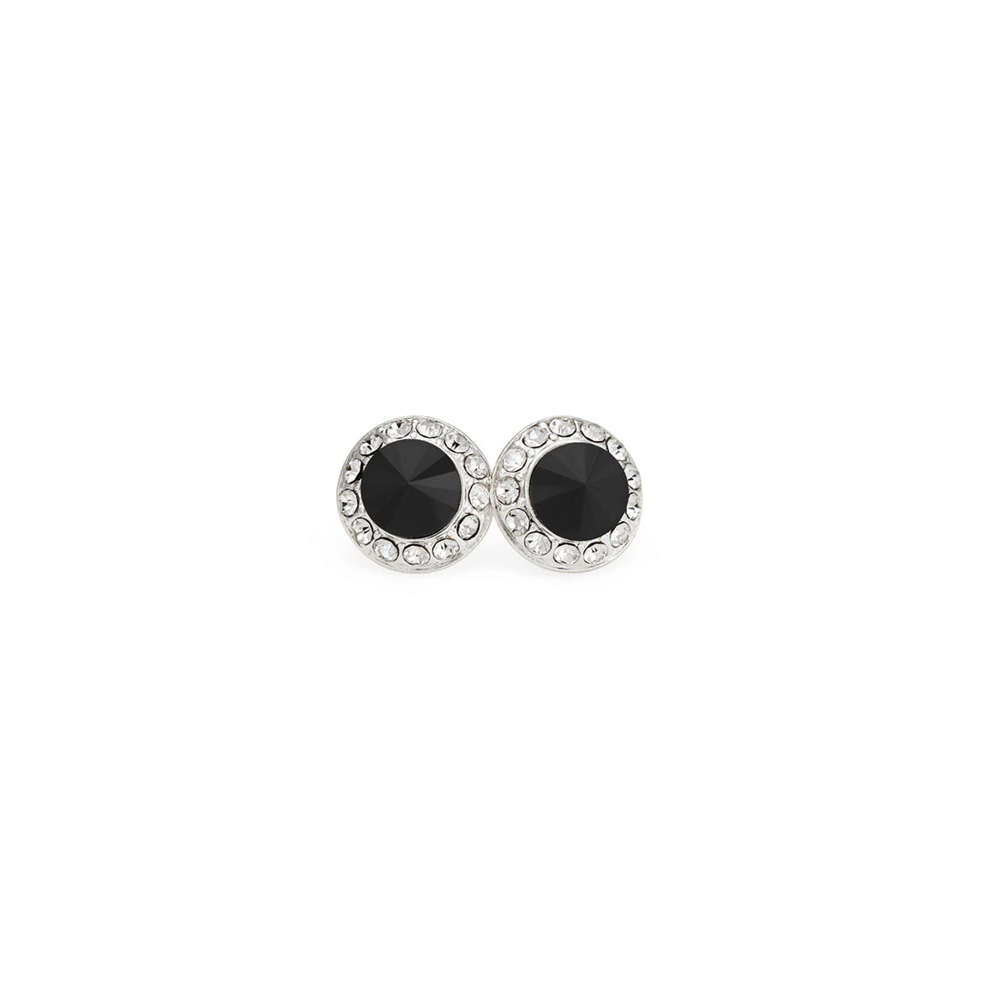 Pair of black gemstone earrings with silver rims on a white background