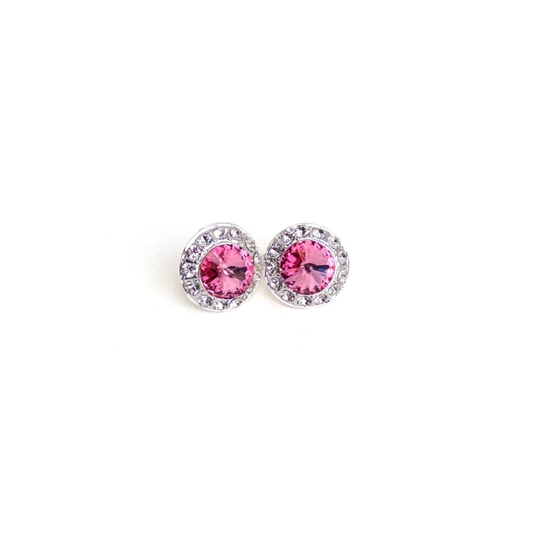 Pair of pink gemstone earrings on a white background