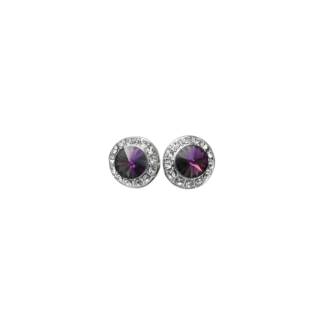 Pair of round earrings with purple gemstones on a white background