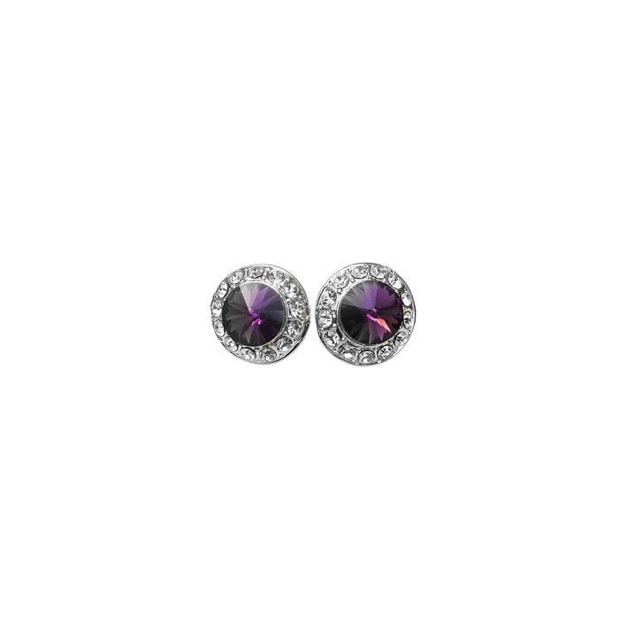 Pair of round earrings with purple gemstones on a white background