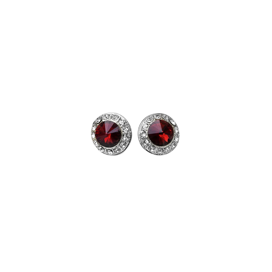 Pair of earrings with red gemstones on a white background