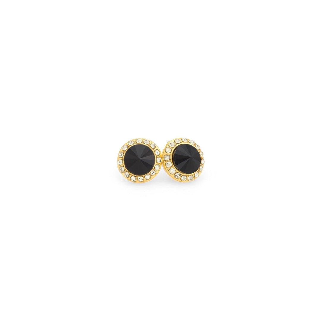 Gold earrings with black gemstones on a white background