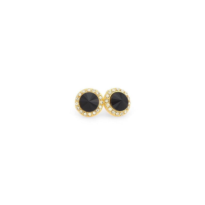 Gold earrings with black gemstones on a white background