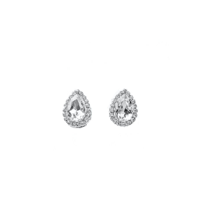 Teardrop-shaped earrings with clear gemstones on a white background