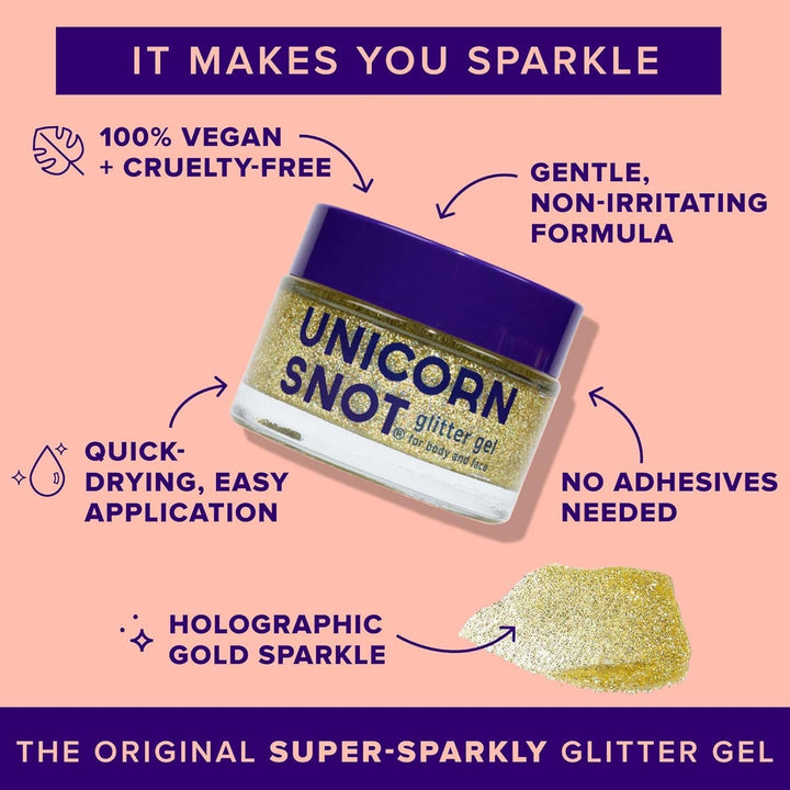Unicorn Snot glitter gel jar with product features on a pink background