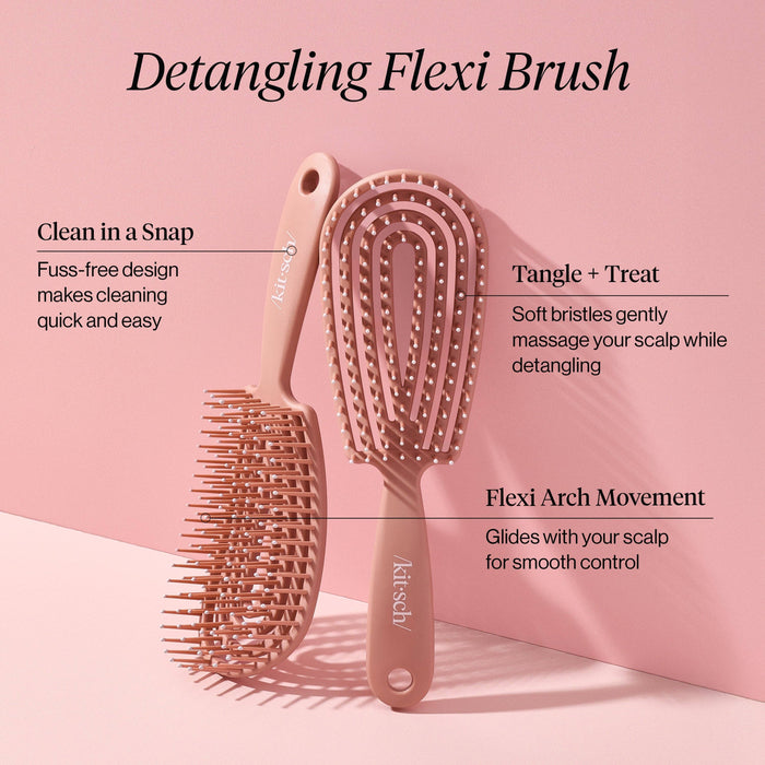 Detangling Flexi Brush with features highlighted on a pink background