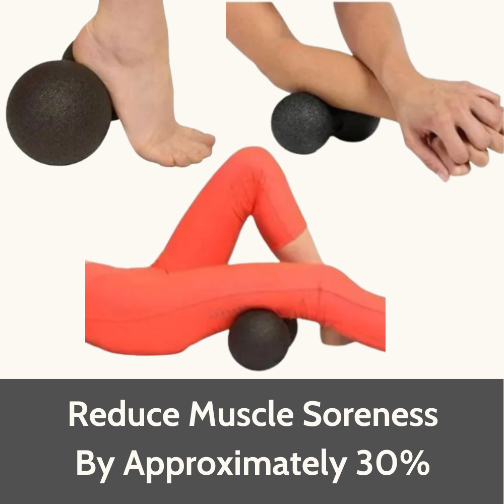 Person using massage balls with text indicating reduced muscle soreness.