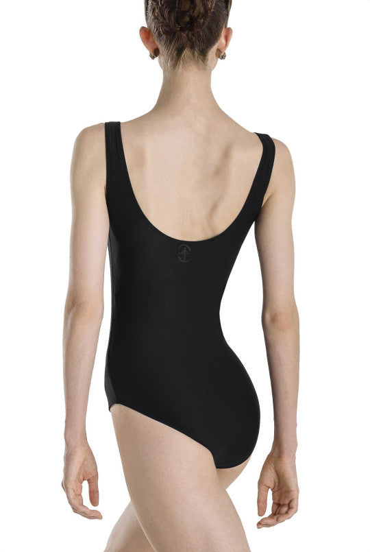 Black leotard worn by a model on a white background