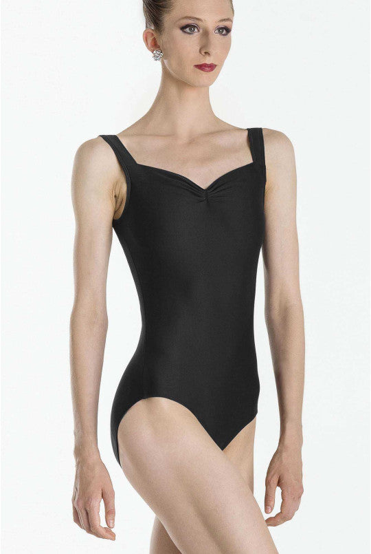Black leotard worn by a model on a white background