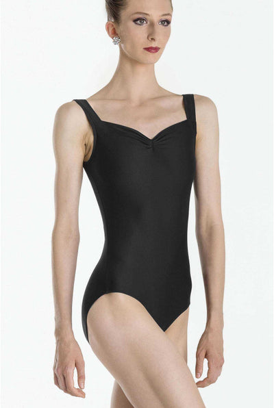 Black leotard worn by a model on a white background