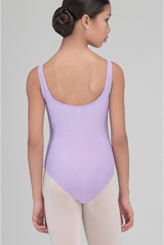Person wearing a lavender leotard on a plain background
