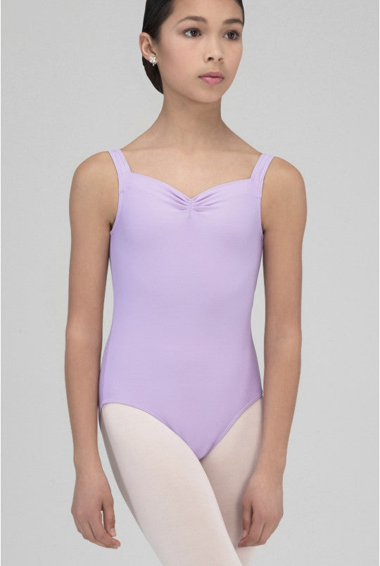 Person wearing a lavender leotard on a plain background
